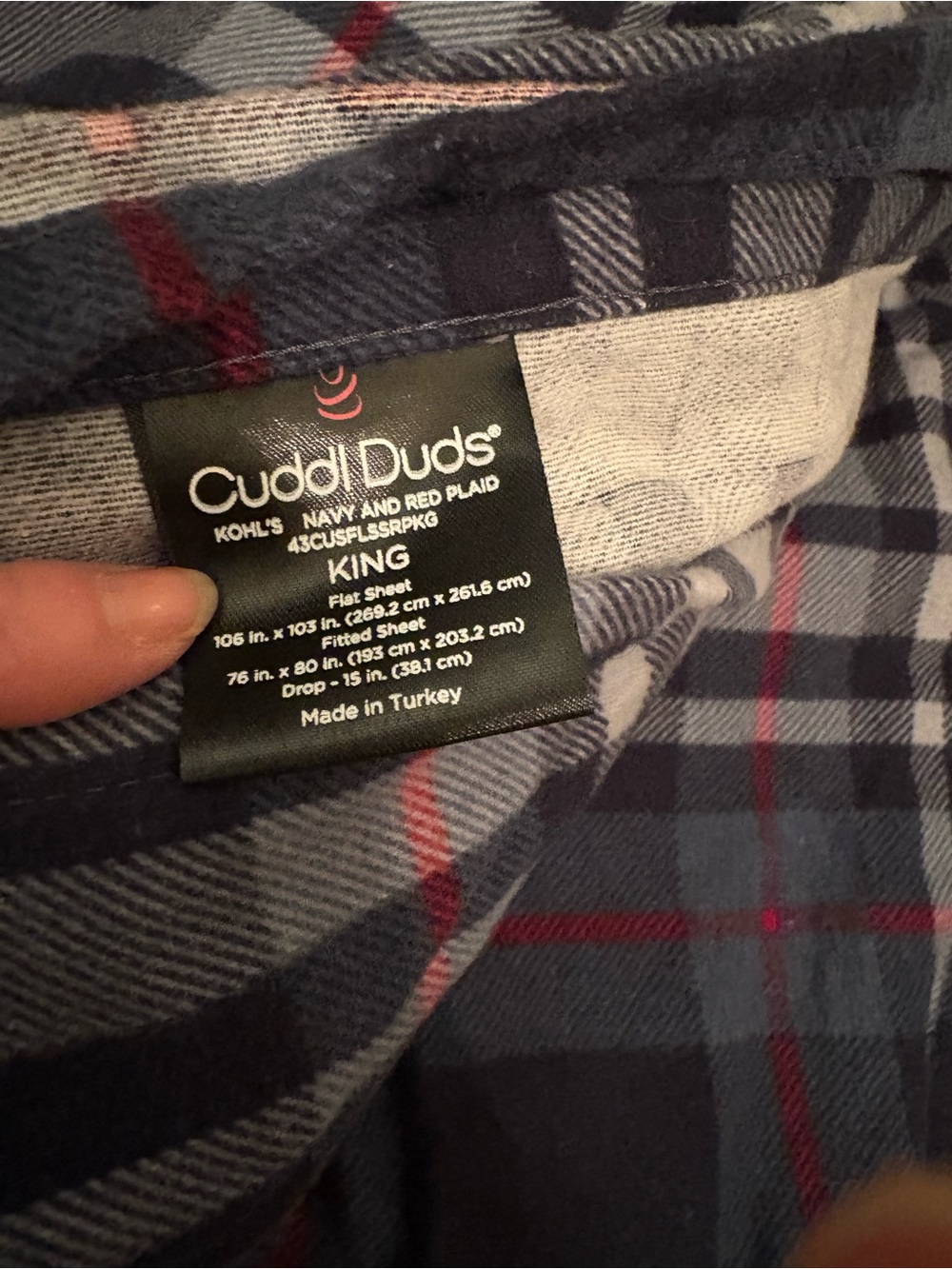 Cuddl Duds Navy and Red Plaid flannel king size bedsheets